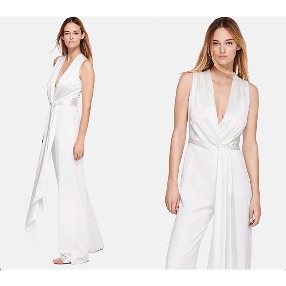 NWT $858 Jonathan Simkhai White Satin and Crepe Plunge Sleeveless Jumpsuit Sz 2 - Picture 1 of 16